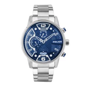 Reloj Multifunción Police para Caballero de Acero con Armis de Acero Calibre 24mm. Esfera Azul con Rejilla Azul en el Centro, Números Arabes-Palos y Bisel Liso. Sumergible 50m. Caja 48mm PEWJK2203303