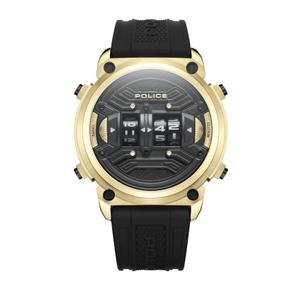 Reloj Police para Caballero de Acero Pavonado Dorado con Correa de Silicona Negra. Esfera Negra con Números de Rueda. Bisel Liso y 4 Botones. Sumergible 50m. Caja de 50mm PEWJP2228501