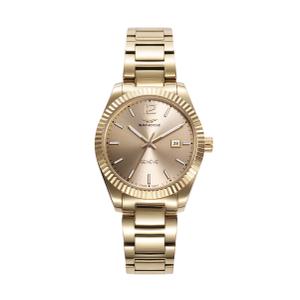 Reloj Swiss Made de Sandoz para Señora de Acero Pavonado Dorado con Armis Mate-Brillo Pavonado Dorado de Calibre 14mm. Esfera Dorada con Números Árabes y Palos con Calendario. Bisel Tipo Rolex con Cristal de Zafiro. Sumegible 100 metros. Caja de 32 mm S81384-25