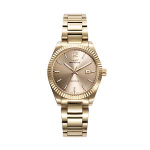 Reloj Swiss Made de Sandoz para Mujer de Acero Pavonado Dorado con Armis Mate-Brillo Pavonado Dorado de Calibre 14mm. Esfera Dorada con Números Árabes y Palos con Calendario. Bisel Tipo Rolex con Cristal de Zafiro. Sumegible 100 metros. Caja de 32 mm S81384-25