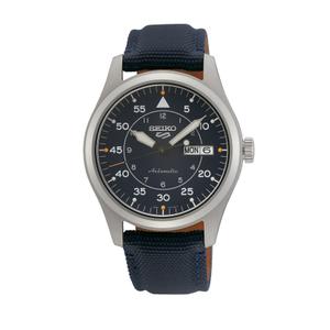 Reloj Automático Seiko 5 Sports para Hombre de Acero con Correa de Tela Azul de Calibre 20 mm. Esfera Azul con Números Árabes y Calendario con Semanario. Bisel Liso. Sumergible 100 metros. Caja de 39 mm. SRPH31K1