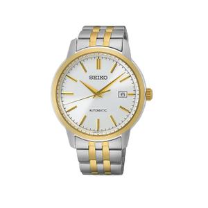 Reloj Seiko para Hombre de Acero con Armis Bicolor Pavonado Dorado. Esfera Blanca con Números Palos, Calendario y Bisel Liso Pavonado Dorado. Sumergible 100m. Caja 41mm SRPH92K1