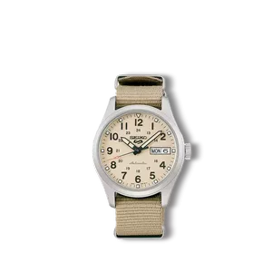 Reloj Automático Seiko 5 Sports para Hombre de Acero con Correa de Nylon Beige de Calibre 20mm. Esfera Beige con Números Árabes y Calendario con Semanario. Bisel Liso. Sumergible 100 metros. Caja de 39 mm SRPJ83K1