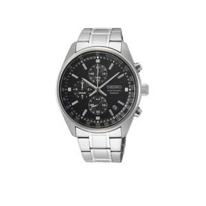 Reloj Cronógrafo Seiko para Caballero de Acero con Armis Mate-Brillo. Esfera Negra con Números Palos y Calendario. Bisel Liso con Taquímetro. Sumergible 100 metros. Caja de 41,50 mm SSB379P1