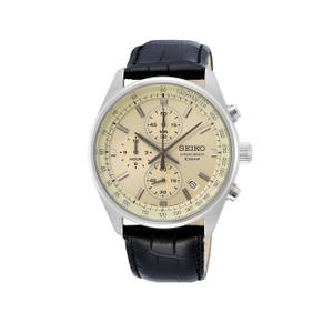Reloj Cronógrafo de Seiko para Caballero de Acero con Correa de Piel Negra Calibre 22mm. Esfera Beige con Números Palos y Calendario. Bisel Liso con Taquímetro. Sumergible 100m. Caja de 42mm SSB383P1