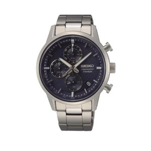 Reloj Cronógrafo Seiko para Caballero de Titanio con Armis de Titanio. Esfera Azul con Números Palos y Calendario. Bisel Liso. Sumergible 100 metros. Caja de 42 mm SSB387P1