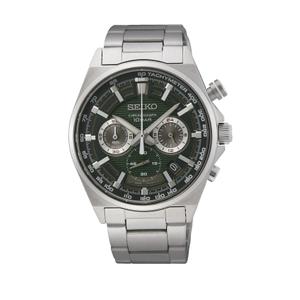 Reloj Cronógrafo Seiko para Caballero de Acero con Armis de Calibre 22mm. Esfera Verde y Negra con Números Palos, Calendario, Taquímetro en el Borde y Bisel Liso. Sumergible 100m. Caja 41mm SSB405P1