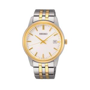 Reloj Seiko para Caballero de Acero Bicolor con Armis Bicolor Pavonado Dorado de Calibre 20mm. Esfera Blanca con Números Palos y Calendario. Bisel Liso Pavonado Dorado. Sumergible 50 metros. Caja de 40 mm SUR402P1