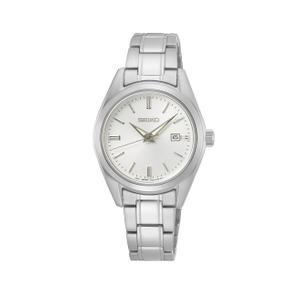 Reloj Seiko para Señora de Acero con Armis. Esfera Gris con Números Palos y Calendario. Bisel Liso con Cristal de Zafiro. Sumergible 100 metros. Caja de 30 mm SUR633P1