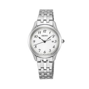 Reloj Seiko para Mujer de Acero con Armis de Calibre 14mm. Esfera Blanca con Cristal de Zafio, Números Árabes, Calendario y Bisel Liso. Sumergible 50m. Caja 29mm SUR643P1