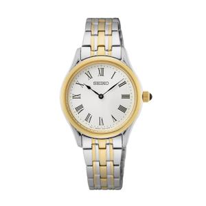 Reloj Seiko para Señora de Acero con Armis Bicolor Pavonado Dorado de Calibre 14mm. Esfera Blanca con Cristal de Zafiro, Números Romanos y Bisel Liso Pavonado Dorado. Sumergible 50m. Caja 29mm SWR070P1