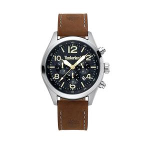 Reloj Multifunción Timberland para Caballero de Acero con Correa de Piel Marrón de Calibre 22mm. Esfera Negra con Números Árabes-Palos, Calendario y Bisel Liso. Sumergible 50m. Caja 46mm 15249JS-02