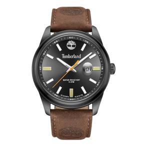 Reloj Timberland para Hombre de Acero Pavonado Negro con Correa de Piel Marrón Oscuro. Esfera Negra con Números Palos y Calendario con Lupa. Bisel Liso. Sumergible 50 metros. Caja de 45 mm TDWGB0010801