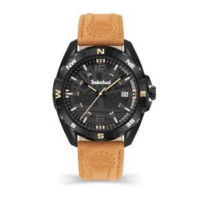 Reloj Timberland para Caballero de Acero Pavonado Negro con Correa de Piel Marrón con Doble Pespunte de Calibre 22mm. Esfera Negra con Números Árabes y Palos, Calendario y Bisel Liso con Puntos Cardinales. Sumergible 50m. Caja de 45mm TDWGB2202101