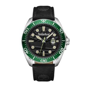 Reloj Timberland para Hombre de Acero con Correa de Piel Negra. Esfera Negra con Números Redondos-Palos, Calendario y Bisel Deportivo Verde. Sumergible 50m. Caja 44mm TDWGB2230603