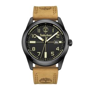 Reloj Timberland para Caballero de Acero Pavonado Negro con Correa de Piel Marrón con Doble Pespunte. Esfera Negra con Números Árabes-Palos, Calendario y Bisel Liso. Sumergible 50m. Caja 45mm TDWGB2230701