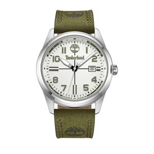 Reloj Timberland para Caballero de Acero con Correa de Piel Verde con Doble Pespunte Verde de Calibre 22mm. Esfera Blanca con Números Árabes y Palos con Calendario. Bisel Liso. Sumergible 50 metros. Caja de 45 mm TDWGB2230703