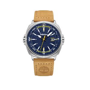 Reloj Timberland para Caballero de Acero con Correa de Piel Marrón. Esfera Azul con Números Palos y Puntos Cardinales en el Borde, Calendario y Bisel Liso. Sumergible 50m. Caja 44mm TDWGB2230803
