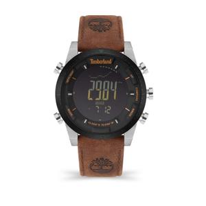 Reloj Digital Timberland para Caballero de Acero Pavonado Negro con Correa de Piel Marrón. Esfera Digital con Alarma, Cronómetro, Luz y Bisel Liso. Sumergible 50 metros TDWGD2104705
