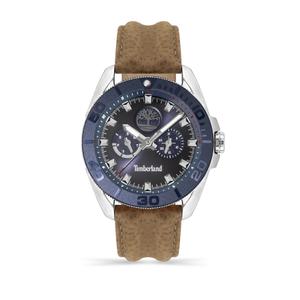 Reloj Multifunción Timberland para Caballero de Acero con Correa de Piel Marrón de Calibre 22mm. Esfera Azul con Números Palos y Bisel Deportivo Azul. Sumergible 50m. Caja 44mm TDWGF2200903
