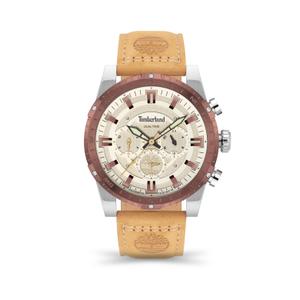 Reloj Multifunción Timberland para Caballero de Acero con Correa de Piel Marrón con Pespunte de Calibre 24mm. Esfera Beige con Números Palos, Dual Time y Bisel Rosa con Puntos Cardinales. Sumergible 50 metros. Caja de 46mm TDWGF2202003