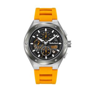Reloj Cronógrafo Timberland para Hombre de Acero con Correa de Silicona Naranja. Esfera Negra con Números Palos, Calendario a la Vista y Bisel con Tonillos. Sumergible 50m. Caja 46mm TDWGQ2231202