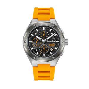 Reloj Cronógrafo Timberland para Hombre de Acero con Correa de Silicona Naranja. Esfera Negra con Números Palos, Calendario a la Vista y Bisel con Tonillos. Sumergible 50m. Caja 46mm TDWGQ2231202