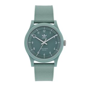 Reloj Solar de Adidas para Señora con Caja de Policarbonato Verde y Correa de Silicona Verde de Calibre 20mm. Esfera Verde Oscuro con Números Árabes y Palos con Logotipo en el Centro. Bisel Liso. Sumergible 50 metros. Caja de 39 mm. AOST22045