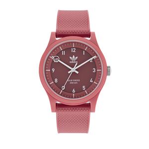Reloj Solar de Adidas para Señora con Caja de Policarbonato Rosa y Correa de Silicona Rosa de Calibre 20mm. Esfera Rosa Oscuro con Números Árabes y Palos con Logotipo en el Centro. Bisel Liso. Sumergible 50 metros. Caja de 39 mm. AOST22046