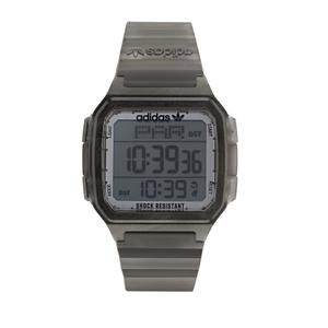 Reloj Rectangular de Adidas para Caballero con Caja de Resina Gris y Correa de Resina Gris de Calibre 26mm. Esfera Digital Gris, Alarma, Calendario Automático, Indicador 12/24 horas, Cronómetro, Luz. Sumergible 50 metros. Caja de 47 mm AOST22050