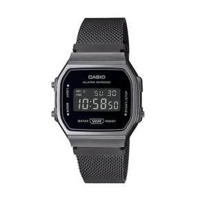 Reloj Casio para Señora con Caja de Resina Gun Metal y Armis Malla Milanesa Pavonada Negra. Esfera Digital, Alarma, Calendario Automático, Indicador 12/24 horas, Cronómetro, Luz, Pila 7 años. No Sumergible. Caja 36x38mm A168WEMB-1BEF