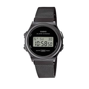 Reloj Casio para Caballero con Caja de Resina Negra y Armis Malla Milanesa de Acero Pavonado Negro. Esfera Digital, Alarma, Calendario Automático, Indicador 12/24 horas, Cronómetro y Luz LED. Pila 7 años. No Sumergible. Caja 37mm A171WEMB-1AEF