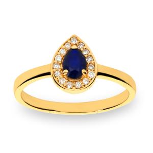 Sortija de Orla con Zafiro Fino Lágrima Calibre 05 x 04 mm. y 15 Diamantes Naturales H.SI-2 (Blanco Small Inclusions 2) de 0,075 Kt. Engarce en Garras. Calibre 08 x 07 mm. 1BRSSR86O4AZAN18