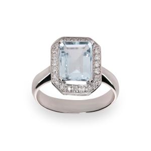 Sortija oro blanco 24 diamante natural blanco small inclusions 2 0,144 kt. garras centro aguamarina fina octogonal 9 x 7 mm. medida 13 x 11 3BRSSR86P0907N16
