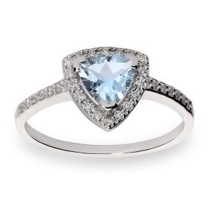Sortija oro blanco 30 diamante natural blanco small inclusions 2 0,15 kt. garras centro aguamarina fina triángulo 6 mm. aro diamante natural medida 9 3BRSSR86PAT06N16