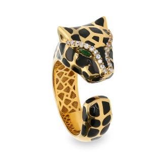 Sortija abierta de oro con cabeza de leopardo, ojo con circonita verde y esmalte de puntos negros. Calibre 12mm 118SSR03A0532A14