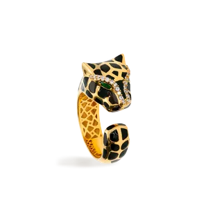 Sortija abierta de oro con cabeza de leopardo, ojo con circonita verde y esmalte de puntos negros. Calibre 12mm 118SSR03A0532A14