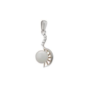 Colgante de Oro Blanco con Perla Cultivada Calibre 06 mm. y Circonitas. Largo 22 mm. 33J1
