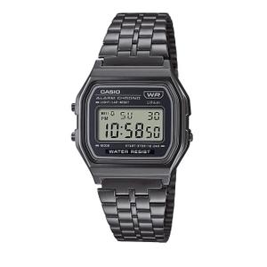 Reloj Casio para Caballero con Caja de Resina Gun Metal y Armis de Acero Pavonado Gun Metal. Esfera Digital, Alarma, Calendario Automático, Indicador 12/24 horas, Cronómetro, Luz, Pilas 7 años. No Sumergible. Caja 33mm A158WETB-1AEF