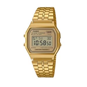 Reloj Casio para Caballero con Caja de Resina Dorada y Armis de Acero Pavonado Dorado. Esfera Digital, Alarma, Calendario Automático, Indicador 12/24 horas, Cronómetro, Luz, Pilas 7 años. No Sumergible. Caja 33mm A158WETG-9AEF