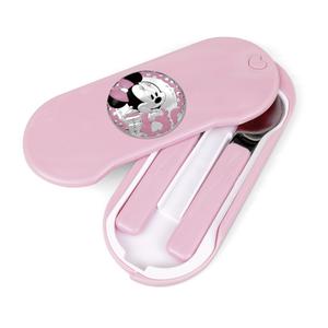Set de Tenedor y Cuchara de Plástico Rosa y Acero en Caja de Plástico Rosa de 7,5 x 18 cm con y Chapa Bilaminada con Imagen de Minnie Bebé con Biberón ES118DNRA