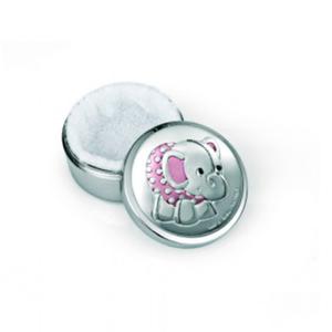 Caja Portadientes de Metal de 4 cm de Diámetro con Chapa Bilaminada con Dibujo de un Elefante Rosa. ES3728RA