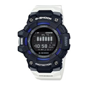 Reloj Bluetooth Casio G-Shock para Caballero con Caja de Resina Negra y Correa de Resina Blanca. Esfera Digital con 4 Alarmas, World Time, Contador de Pasos, Crono, Sensor Aceleración, Planificación y Registro de Entrenamiento. Sumergible 200m. Caja 50mm GBD-100-1A7ER