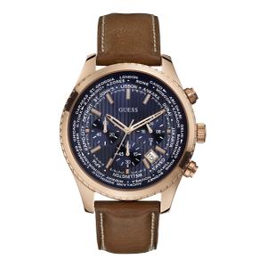 Reloj Guess Rectangular para Caballero de Acero Pavonado Dorado con Correa de Piel Negra. Esfera Negra con Lineas Negras y Doradas y Letra "G" en el Centro. Bisel Calado con Tornillos. Sumergible 50m. Caja 44mm GW0500G1
