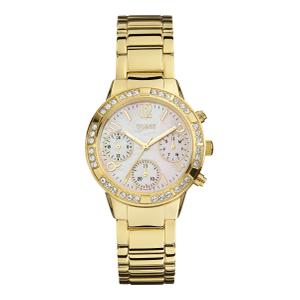 Reloj Guess para Señora de Acero Dorado con Armis Calado con Circonitas Combinado con Armis Clásico Calibre 10mm. Esfera Blanca con Números Palos y Bisel Liso. No Sumergible. Caja 32mm GW0546L2