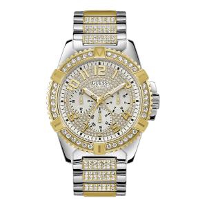 Reloj Multifunción Guess para Caballero de Acero con Armis Bicolor Dorado Calibre 24 mm. Esfera Plateada con Circonitas, Números Árabes y Bisel Pavonado Dorado con Circonitas. Caja 48mm GW0799G4