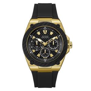 Reloj Multifunción Guess para Hombre de Acero Pavonado Dorado con Correa de Silicona Negra de Calibre 28mm. Esfera Negra con Números Palos. Bisel Pavonado Negro con 4 Tornillos. Sumergible 100 metros. Caja de 45 mm. GW1049G5