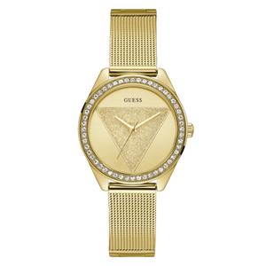Reloj Guess para Señora de Acero Pavonado Dorado con Armis de Malla Milanesa Combinada con Armis Clásico de Calibre 16mm. Esfera Dorada sin Números con Triángulo de Purpurina en el Centro. Bisel con Circonitas. No Sumergible. Caja de 36 mm. GW1142L2