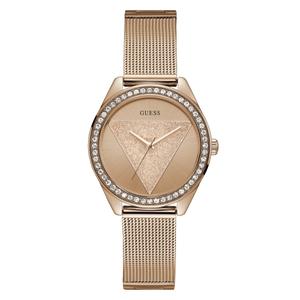 Reloj Guess para Mujer de Acero Pavonado Rosa con Armis de Malla Milanesa Combinada con Armis Clásico de Calibre 16mm. Esfera Rosa sin Números con Triángulo de Purpurina en el Centro. Bisel con Circonitas. No Sumergible. Caja de 36 mm. GW1142L4