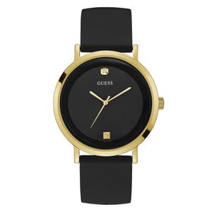 Reloj Guess para Hombre de Acero Pavonado Dorado con Correa de Silicona Negra de Calibre 22mm. Esfera Negra sin Números con Punta de Diamante a las 12 horas. Bisel Liso. No Sumergible. Caja de 44 mm. GW1264G1